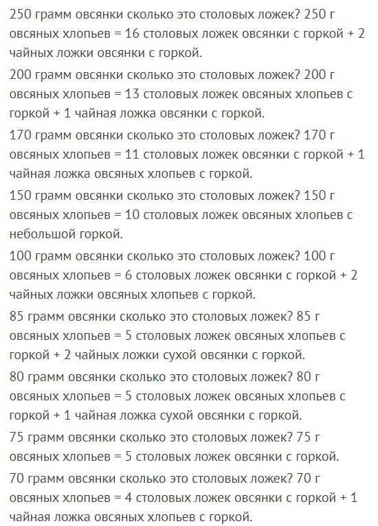 Сколько весит овсяная каша после варки