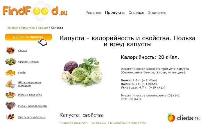 Капуста — калорийность (сколько калорий в 100 граммах)